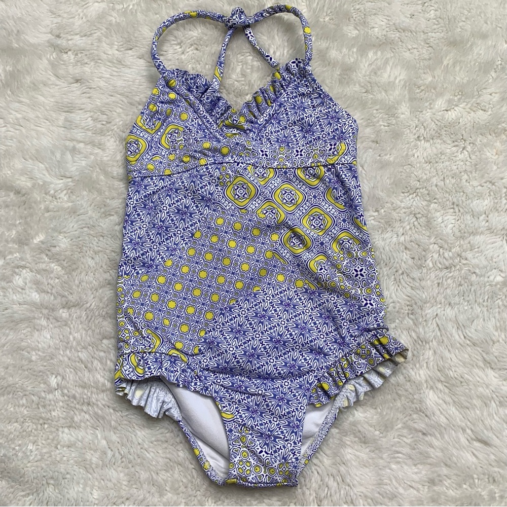 OndadeMar Kids Blue Yellow Ruffle Strappy One Piece Swimsuit Size 18 - 24 Months